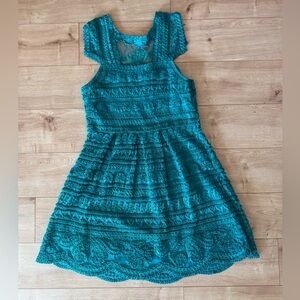 Yoana Baraschi Anthropologie Teal Lace Mesh Embroidered Dress Size 10